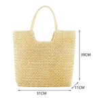 Beige woven handbag with measurements on a white background