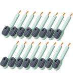 16 green cleaning brushes with gray bristles on a white background