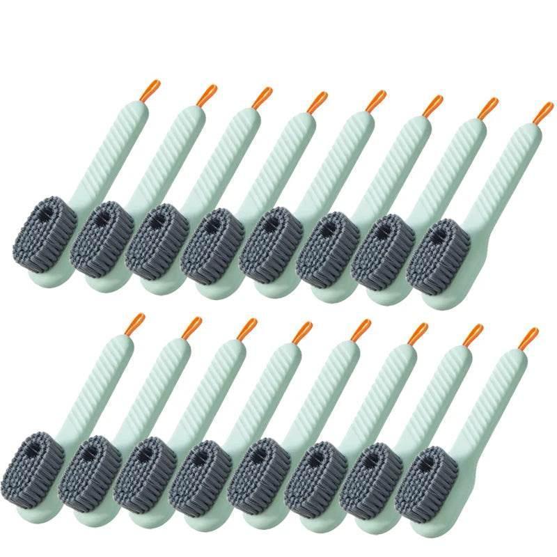 16 green cleaning brushes with gray bristles on a white background