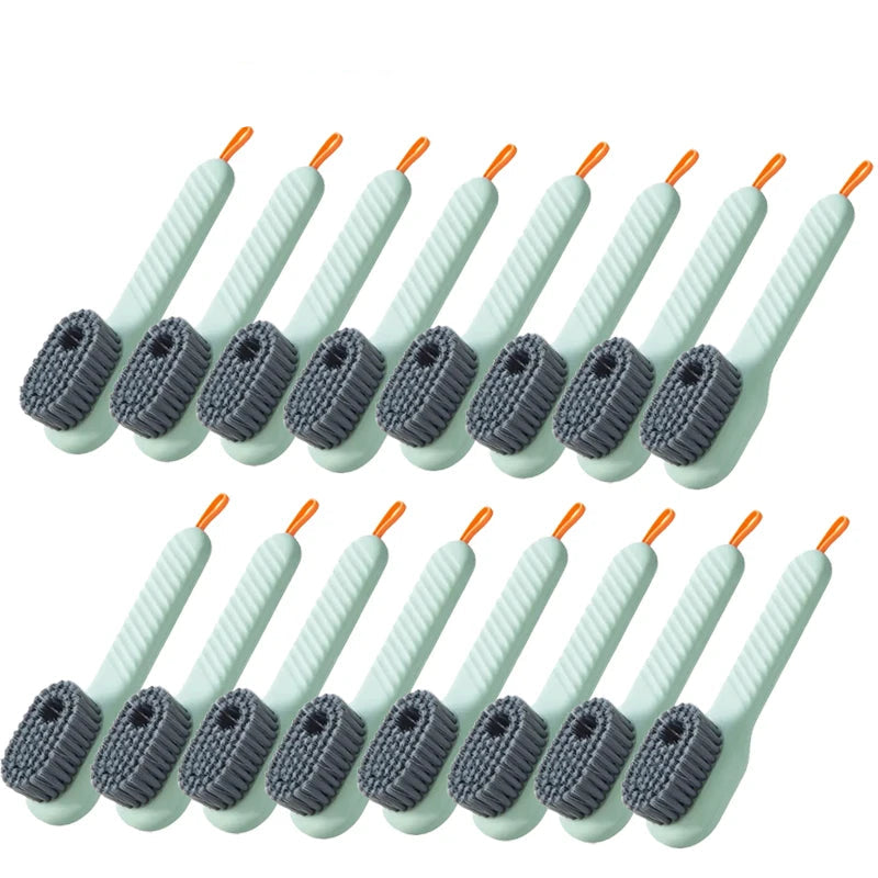 16 green cleaning brushes with gray bristles on a white background