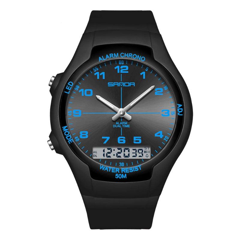 Black watch with blue digital and analog display on a white background, featuring the brand 'SANDA'.