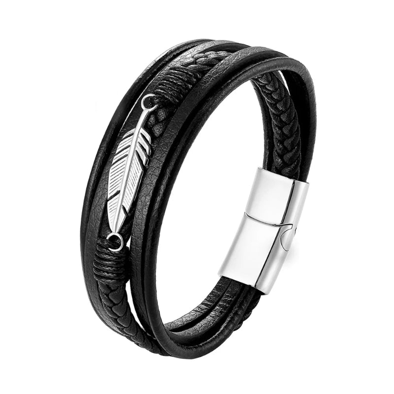 Black braided leather bracelet with silver feather charm and clasp on a white background