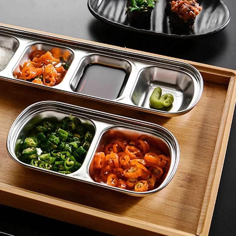 EMESA HOME Stainless Steel Divided Sauce Plate 4 Compartment Dip Tray for Appetizers, Condiments & Small Dishes - EMESA HOME™
