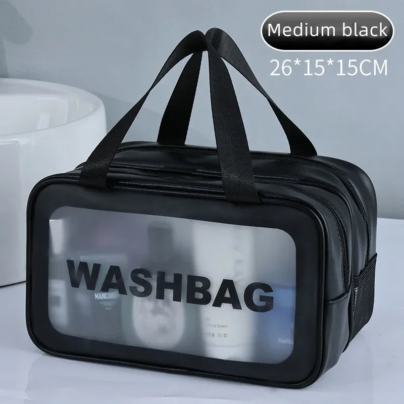 Black washbag with transparent window on a white background
