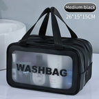 Black washbag with transparent window on a white background