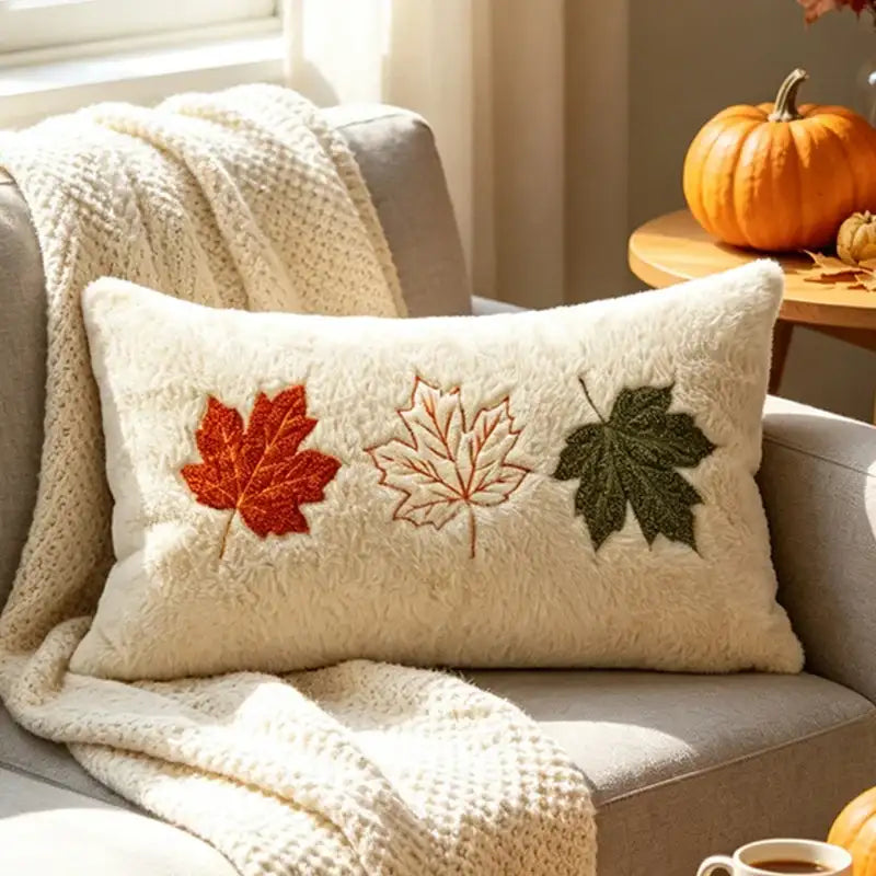 A cream-colored textured throw pillow with embroidered autumn maple leaves in red, orange, and green, styled on a gray armchair with a chunky knit cream blanket and fall decor in the background.