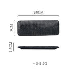 Measurement chart of a black rectangular plate with dimensions and weight information.