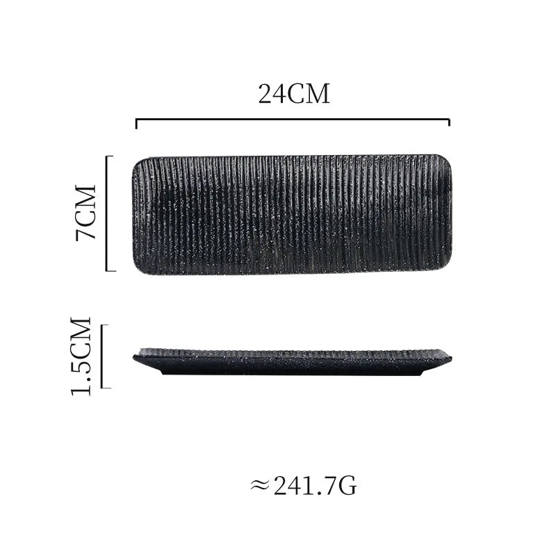 Measurement chart of a black rectangular plate with dimensions and weight information.