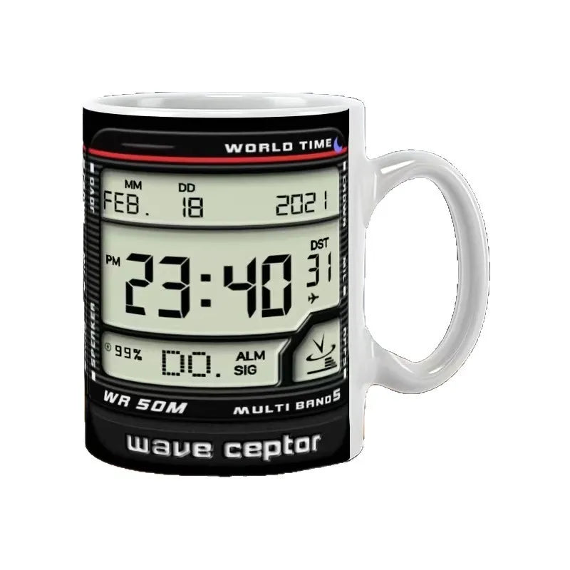 A white ceramic mug printed with a digital wave ceptor radar detector design, featuring a black face with red and blue accents and a white handle.
