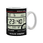 A white ceramic mug printed with a digital wave ceptor radar detector design, featuring a black face with red and blue accents and a white handle.