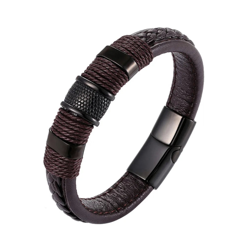 Brown braided leather bracelet with black metal clasp on a white background