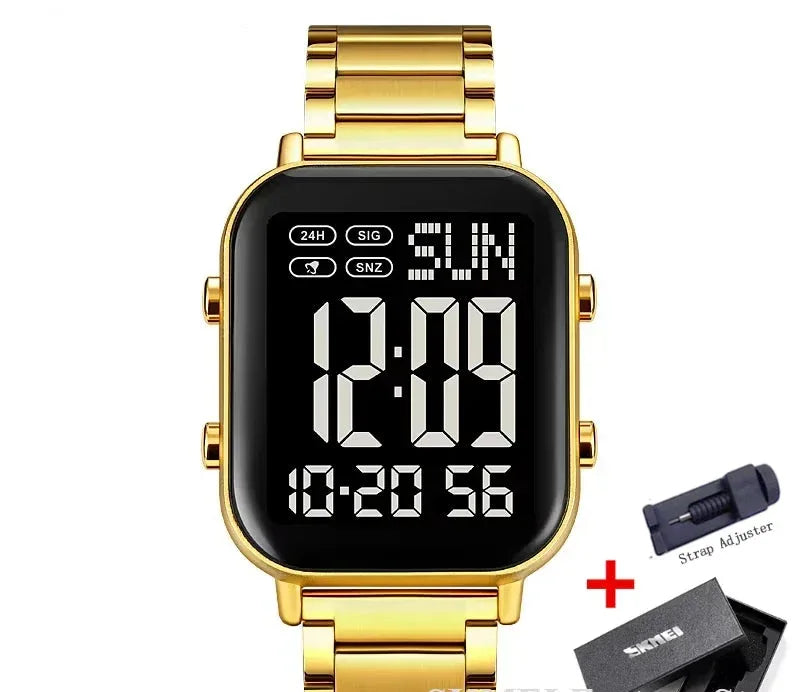 Gold digital watch with black display on a white background, featuring the Skmei brand.