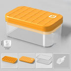 Orange storage container with clear lid on a gray background