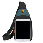 Green sling bag with black accents and a brand logo, featuring a tablet device.