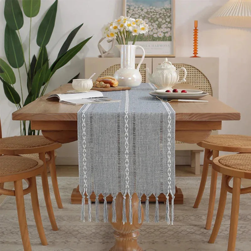 EMESA HOME Cotton Linen Blend Table Runner – Hand Woven Tassels for Wedding Party Arch Door & Dining Table Decor - EMESA HOME™