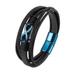 Black braided leather bracelet with blue metal clasp on a white background