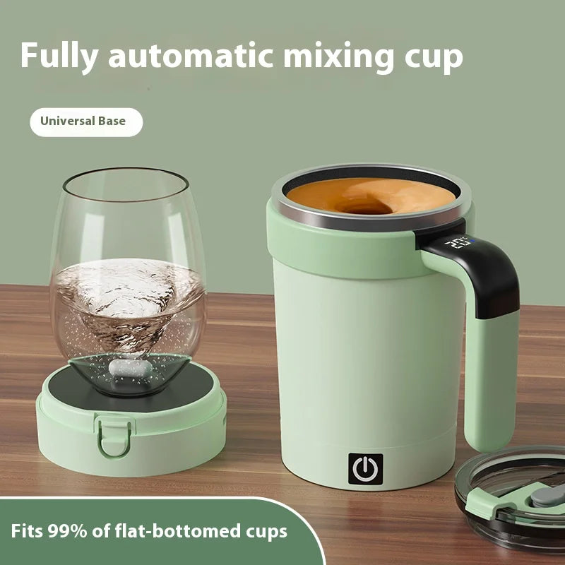 Fully automatic mixing cup with a glass container on a wooden surface