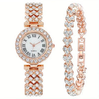EMESA HOME 2PCS Luxury Women’s Watch Set – Rhinestone Roman Dial Quartz Watch with Stainless Steel Bracelet