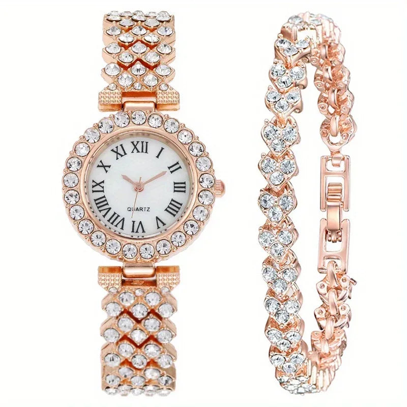 EMESA HOME 2PCS Luxury Women’s Watch Set – Rhinestone Roman Dial Quartz Watch with Stainless Steel Bracelet - EMESA HOME™
