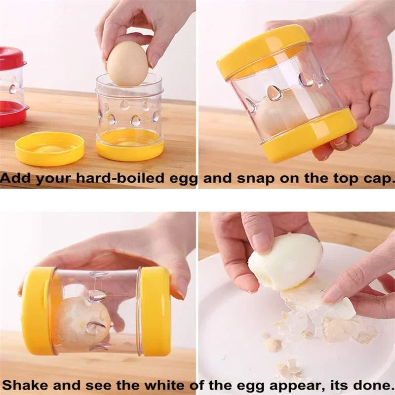 Step-by-step process of using a yellow egg separator on a wooden surface.
