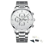 Silver wristwatch with detailed face and NIBOSI branding on a white background