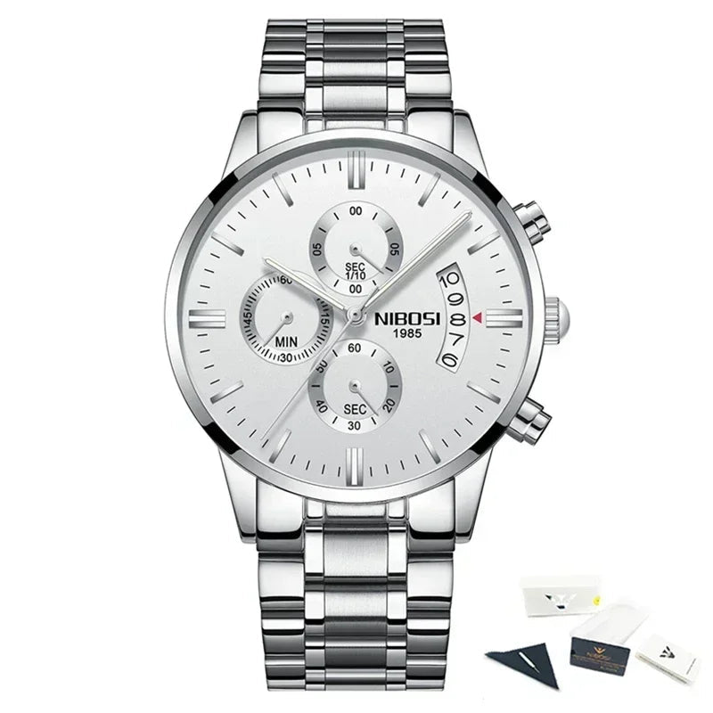 Silver wristwatch with detailed face and NIBOSI branding on a white background