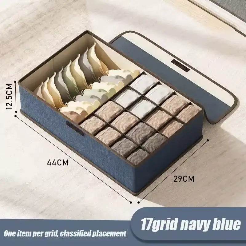 EMESA HOME Cotton & Linen Underwear Storage Box – Drawer-Style Organizer with Six Compartments and Lid Navy blue 17grid
