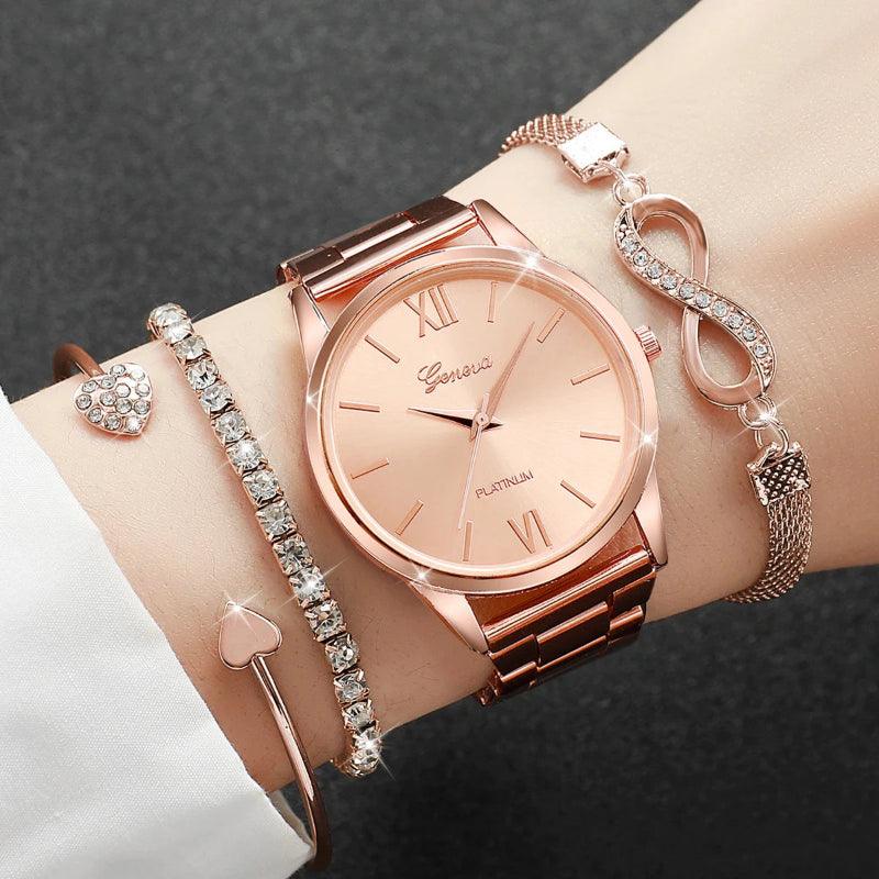 Rose gold watch and bracelet set on a wrist against a dark background