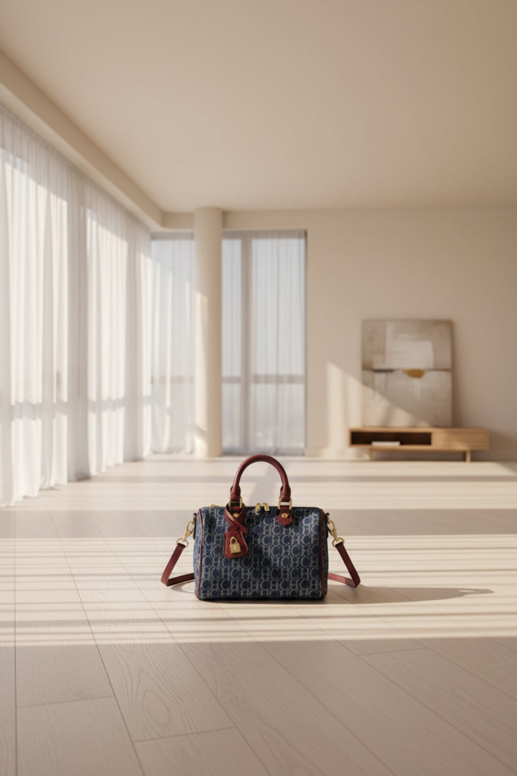 Blue handbag with red accents and a visible brand logo on a white background