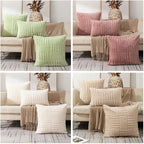 Collage of textured pillows in green, pink, white, and beige on a sofa with a pineapple decorative item.
