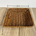 Woven basket with dimensions on a wooden surface