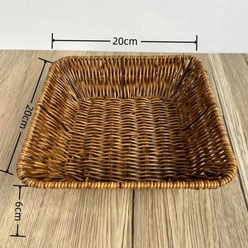 Woven basket with dimensions on a wooden surface