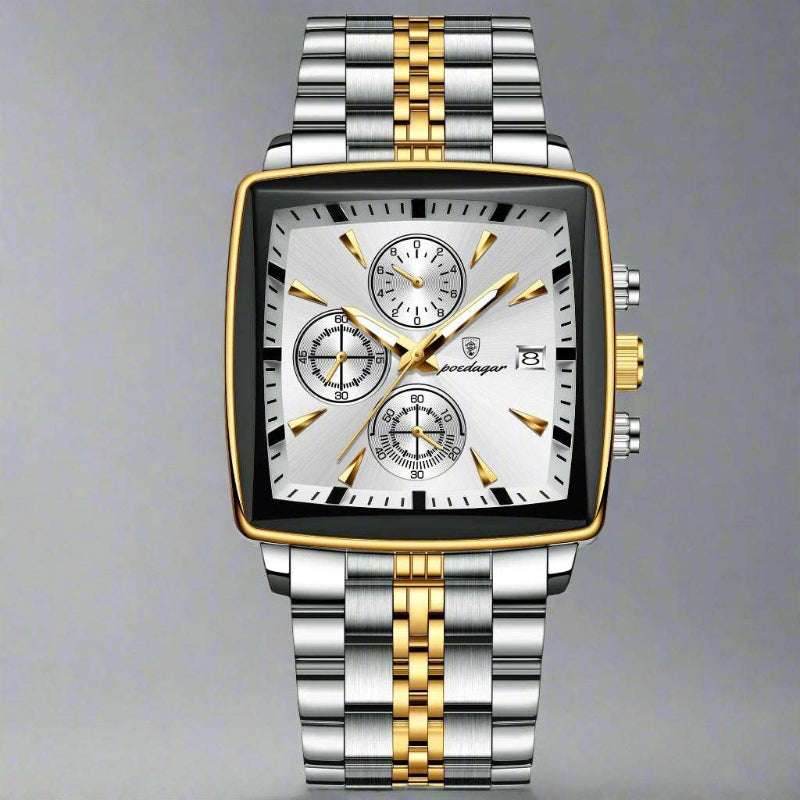 EMESA HOME Luxury Square Sport Man Wristwatch Waterproof Luminous Chronograph Quartz Men's Watches Stainless Steel Gold White