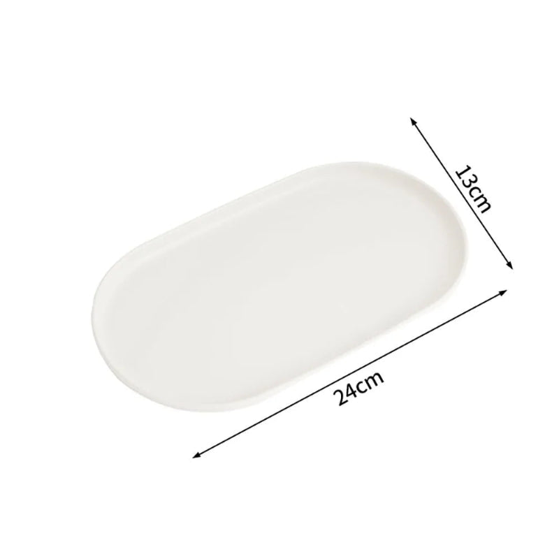 White oval tray shown on a light gray background with dimension arrows and labels indicating 24 cm length and 13 cm width. The text 'White S' appears in the top left corner.