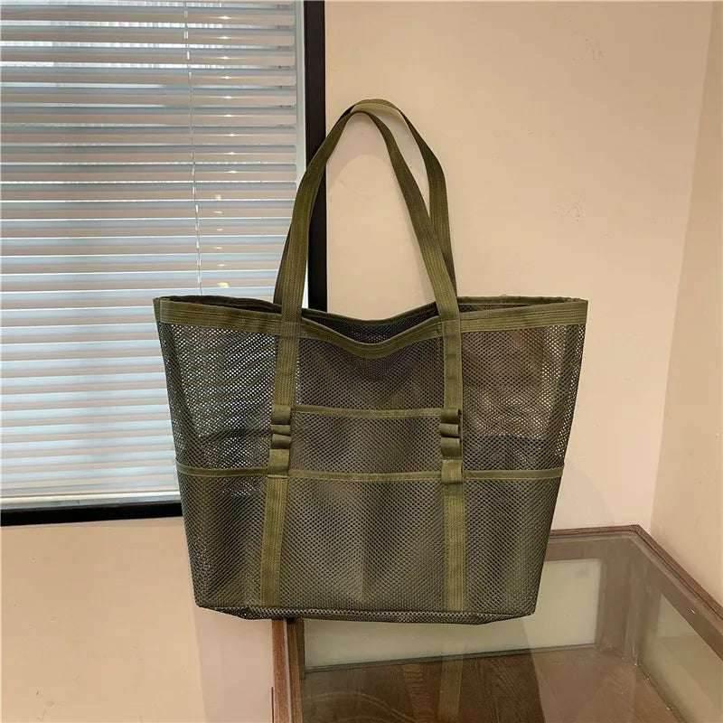 EMESA HOME Large Canvas Mesh Beach Bag – Lightweight Hollow Shoulder Tote for Shopping & Commuting - EMESA HOME™