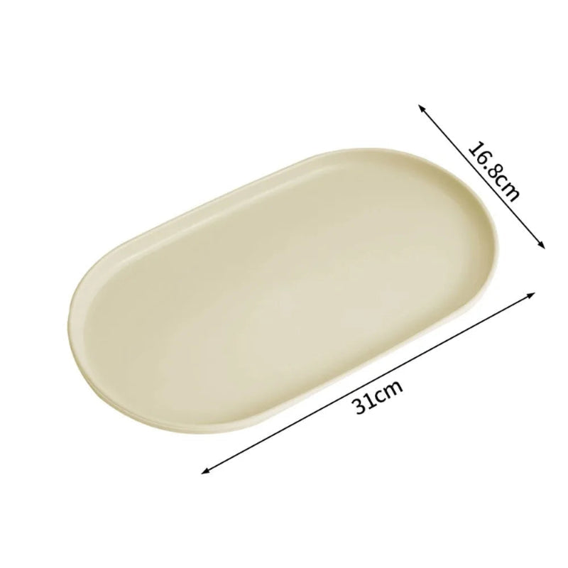 An oval beige plastic tray or dish shown on a white background with dimension arrows and labels indicating 31 cm length and 16.8 cm width.