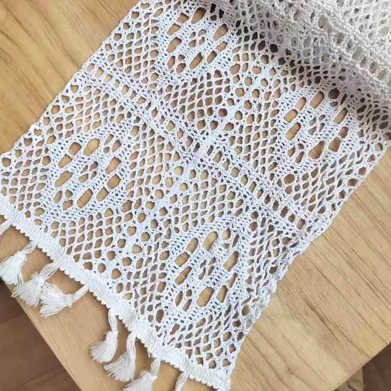 EMESA HOME Vintage Beige Table Runner with Crochet Lace, Cotton Blend, Tassels for Coffee Table, Wedding, and Christmas Décor. - EMESA HOME™