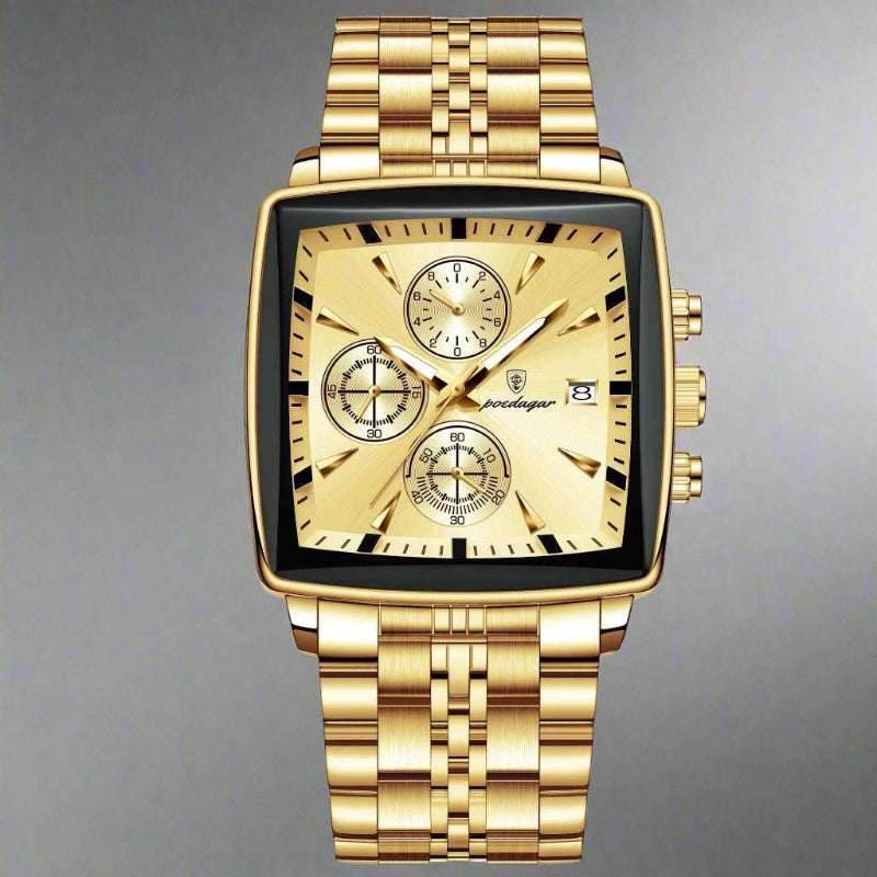 EMESA HOME Luxury Square Sport Man Wristwatch Waterproof Luminous Chronograph Quartz Men's Watches Stainless Steel Gold Gold