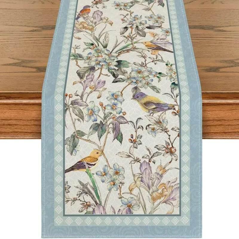 EMESA HOME Blue Birds & Flowers Linen Table Runner - Durable Wedding, Kitchen, and Dining Table Decoration for Parties - EMESA HOME™