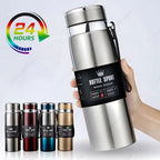 Stainless steel thermos with 'Bottle Sport' branding and color options displayed.