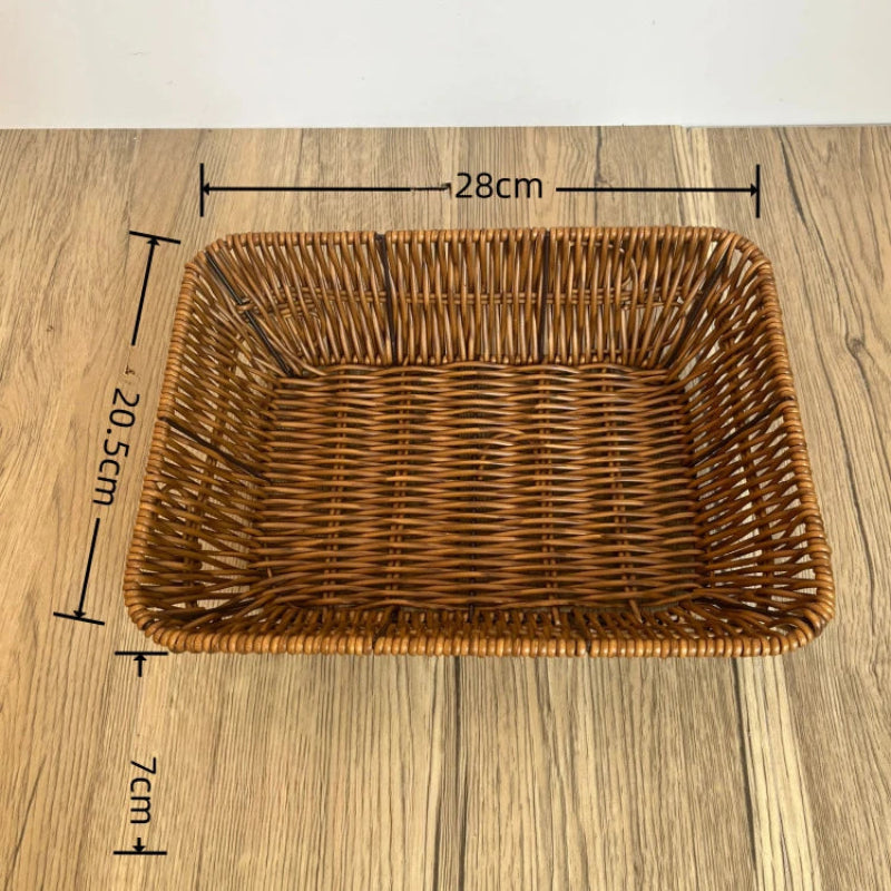 Wicker basket with dimensions marked on a wooden surface
