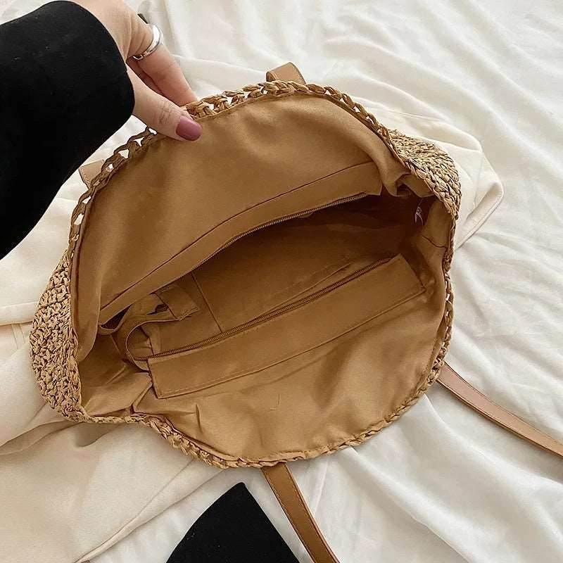 EMESA HOME Summer Round Straw Women Vacation Woven Beach Shoulder Bag Large Capacity Hollow Out Simple Tote Bag - EMESA HOME™