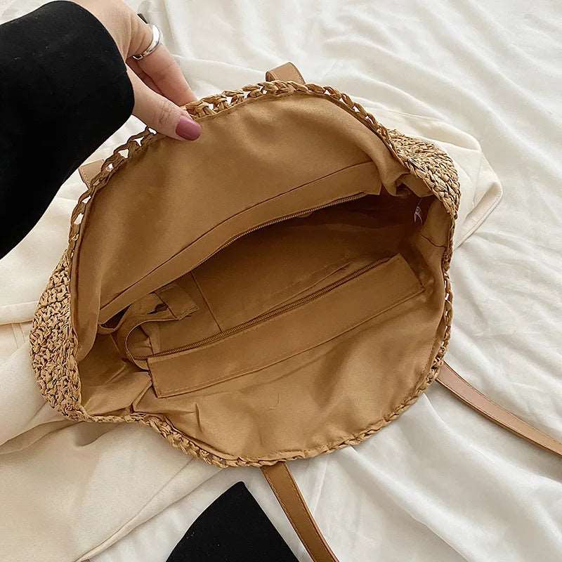 EMESA HOME Summer Round Straw Women Vacation Woven Beach Shoulder Bag Large Capacity Hollow Out Simple Tote Bag