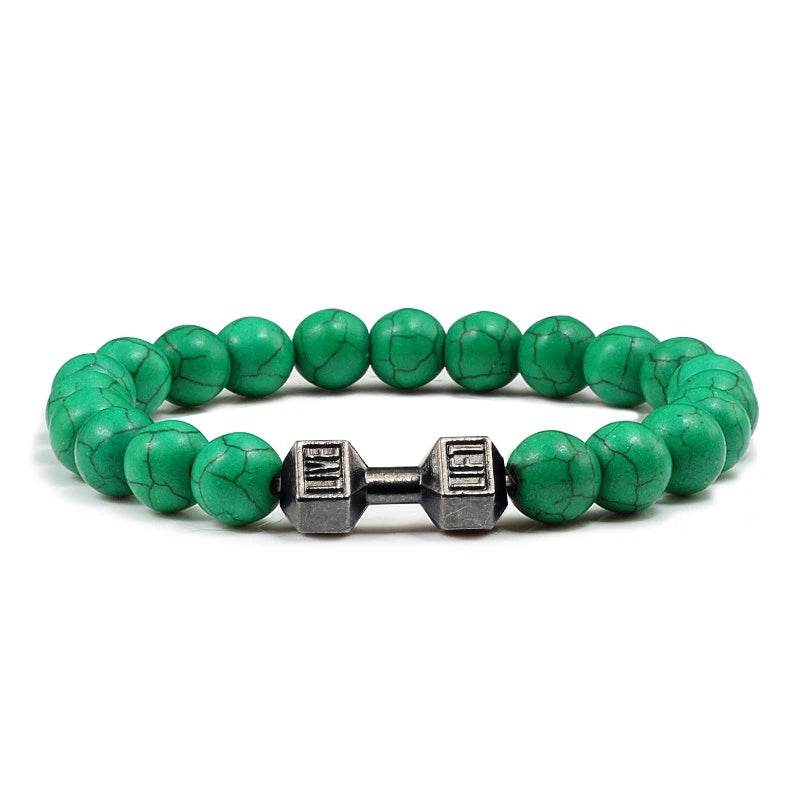 EMESA HOME Volcanic Stone Bead Bracelet – Matte Black Lava & White Dumbbell Charm Fitness Jewelry for Men & Women Dark Green Black