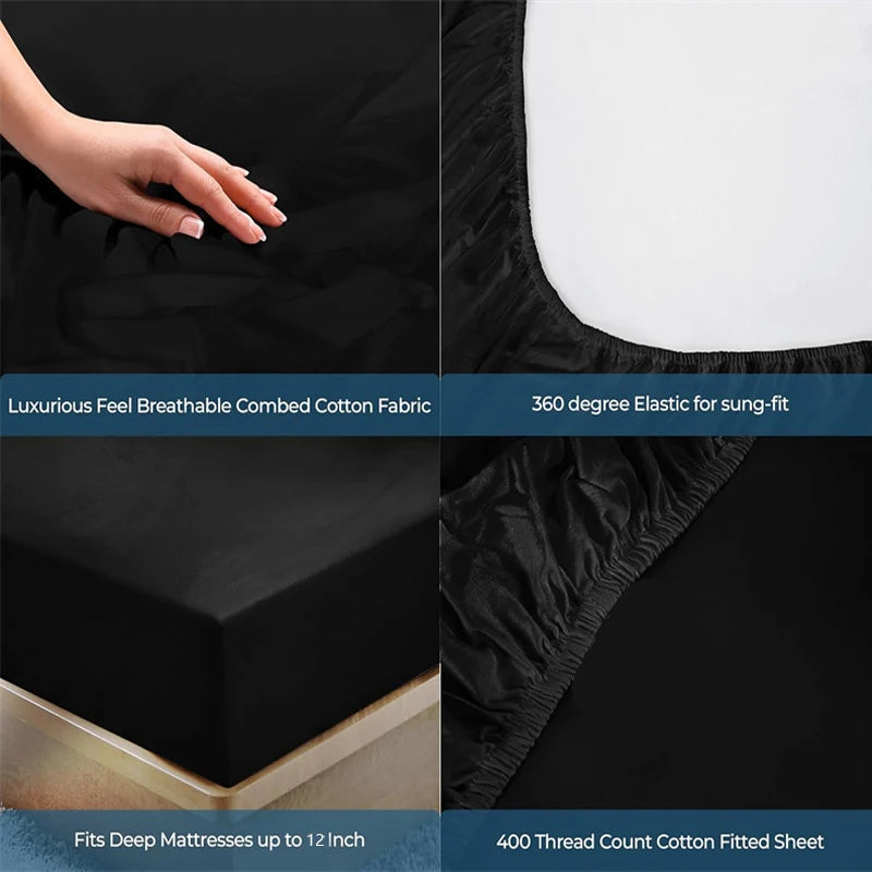 Black fitted sheet with text highlighting features on a white background