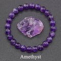 Purple beaded bracelet with a purple crystal on a gray background, featuring the word 'Amethyst'.