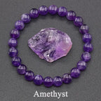 Purple beaded bracelet with a purple crystal on a gray background, featuring the word 'Amethyst'.