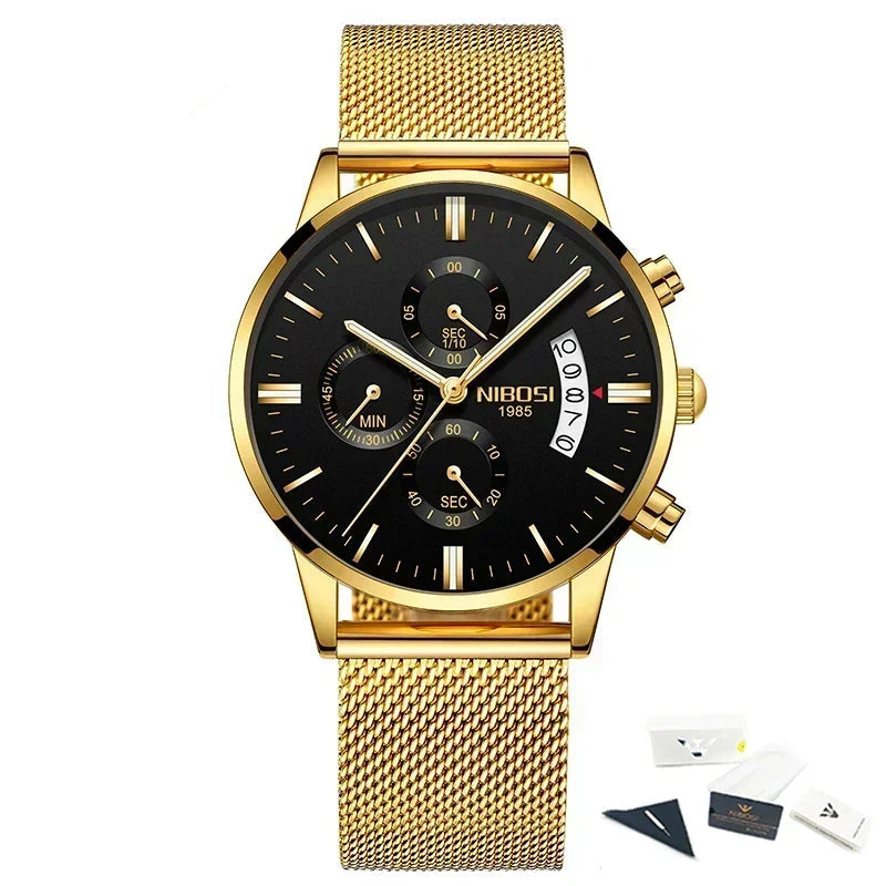 Gold wristwatch with black dial on a white background, featuring the NIBOSI brand.
