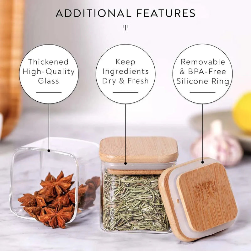 Glass containers with wooden lids on a light surface, featuring text labels about additional features.