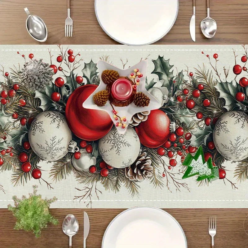 Decorative Christmas table runner with ornaments on a wooden table.